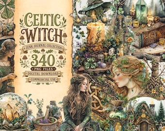 Clipart PNG di strega celtica: effimera magica verde ad acquerello (download digitale)