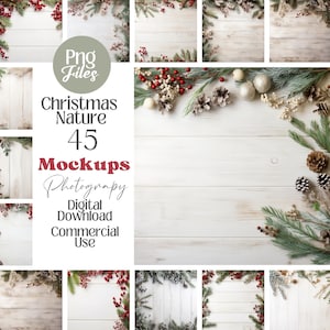 Pode incluir: Uma coleção de mockups com tema natalino com fundo de madeira branca. A imagem apresenta vários arranjos de galhos de pinheiro, bagas vermelhas, pinhas e elementos decorativos. O texto inclui "Png Files", "Christmas Nature 45 Mockups Photography Digital Download Commercial Use."