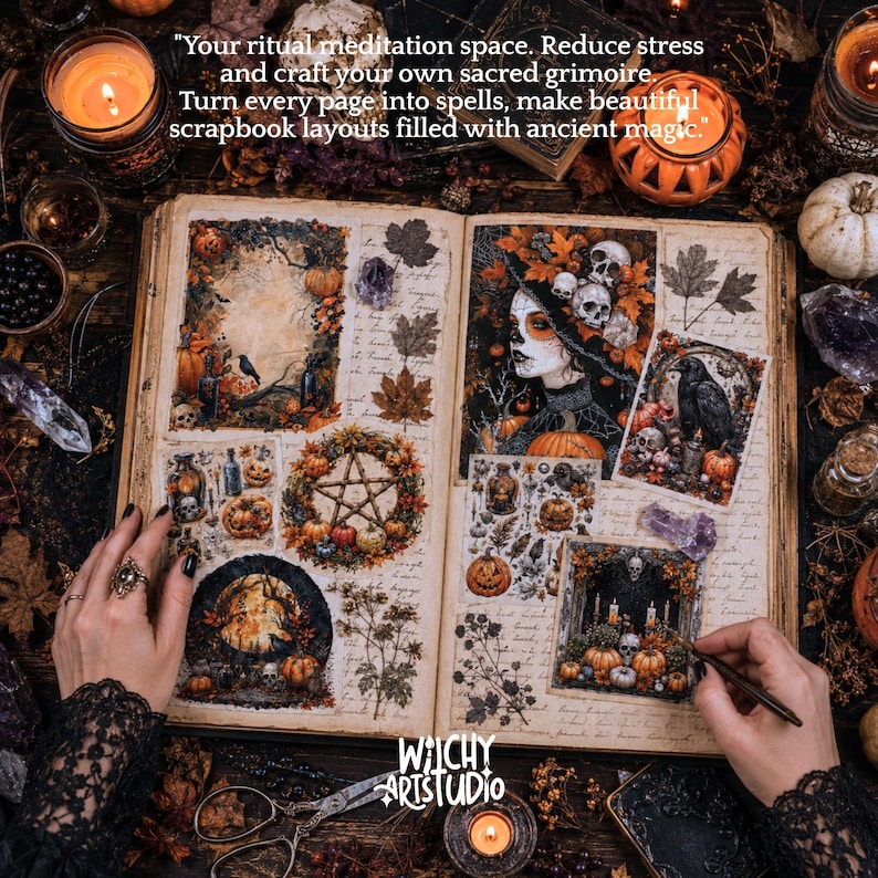 Samhain witch junk journal Witchy grimoire Wicca Clip art png pagan Ephemera ruota dell'anno Halloween art Pagine spiritual Scrapbook paper immagine 14