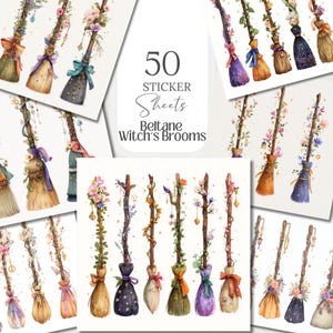 May include: A collection of watercolor sticker sheets featuring decorative witch's brooms. The brooms are adorned with flowers, ribbons, and other embellishments. The text on the sheets reads "50 Sticker Sheets Beltane Witch's Brooms."