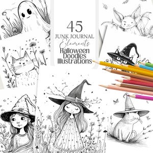Scarabocchi carini di streghe di Halloween / Illustrazioni stravaganti in bianco e nero, Pagine da colorare, Carte, Album di ritagli, Diario spazzatura, Tag, Ephemera 45 PNG