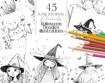 Cute Halloween Witchy Doodles | Black and White Whimsical Illustrations, Coloring Pages Cards, Scrapbook Junk Journal, Tags, Ephemera 45 PNG