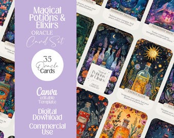 May include: A set of 35 oracle cards titled "Magical Potions & Elixirs." The cards feature watercolor illustrations of potion bottles with floral and celestial backgrounds. The design includes text such as "Harmony Draught" and "Energy Elixir."