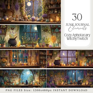 May include: A digital art collage featuring a cozy apothecary theme. The image showcases various scenes with shelves filled with potions, herbs, and candles. The text "30 Junk Journal Elements" and "Cozy Apothecary WitchyTwitch" is visible.
