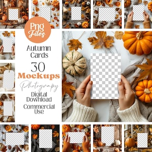 May include: A digital download product mockup featuring autumn-themed cards. The image includes pumpkins, leaves, and various mockups with a transparent background. Text on the image reads "Png Files, Autumn Cards, 30 Mockups, Photography, Digital Download, Commercial Use."