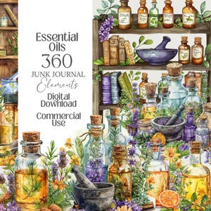 Puede incluir: Ilustración digital de aceites esenciales, botellas de boticario, morteros y majas, y estanterías llenas de libros y hierbas. La imagen incluye el texto "Essential Oils 360 Junk Journal Elements Digital Download Commercial Use."