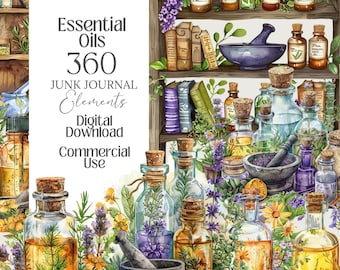 May include: A digital illustration featuring essential oils, apothecary bottles, mortar and pestles, and shelves filled with books and herbs. The image includes the text "Essential Oils 360 Junk Journal Elements Digital Download Commercial Use."