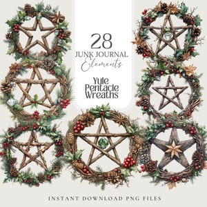 Yule Pentacle png Witchy Wreath Christmas Clipart Book Of shadows yule Grimoire Junk Journal Witch pentagram Wicca Sticker pagan fussy cut