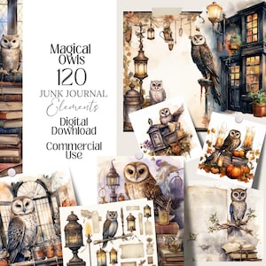 May include: A digital download featuring watercolor illustrations of owls, lanterns, and vintage elements. The text reads "Magical Owls 120 Junk Journal Elements Digital Download Commercial Use". The images are in a whimsical, antique style.