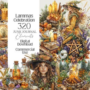 Puede incluir: Descarga digital de elementos de diario basura "Lammas Celebration". La imagen presenta un collage con una bruja, un pentagrama, velas y botellas. El texto incluye "320 Elements", "Digital Download" y "Commercial Use".