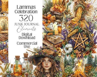 May include: Digital download of "Lammas Celebration" junk journal elements. The image features a collage with a witch, a pentagram, candles, and bottles. The text includes "320 Elements," "Digital Download," and "Commercial Use."