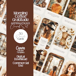 Morgonkaffe Tacksamhetsbekräftelsekort Mysig Cottagecore Häxa Kaffeälskare Redigerbara Tarot Nyckfulla Orakel Häxiga Spådomskort Png