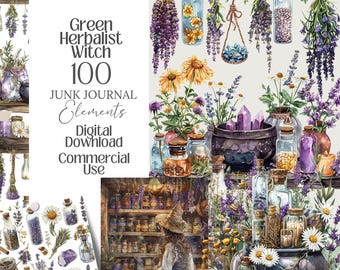 Grünes Herbalist Hexe Digitales Grimoire, Buch der Schatten, Junk Journal Kit Witchy Planer, druckbares Papier Apotheker, stationär, Ephemera