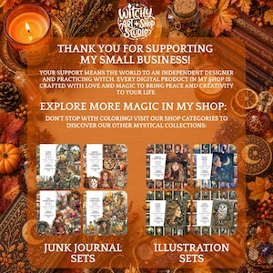 May include: A digital product advertisement featuring the text Witchy Art Shop Studio, Thank You For Supporting My Small Business, and Explore More Magic In My Shop. It displays eight square sets of junk journals and illustrations with autumn themes.