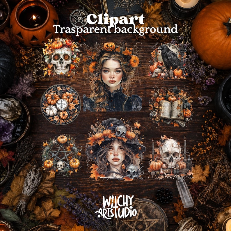Pu&ograve; includere: Una collezione di clipart digitali con varie illustrazioni a tema Halloween, tra cui un teschio con zucche, una persona con una corona di zucche, un corvo, una ghirlanda a pentagramma, un libro aperto e una strega con un cappello a teschio.
