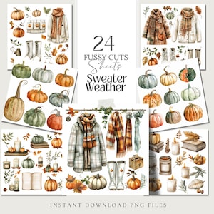 Op de afbeelding: 24 digitale fussy cut vellen met een herfstthema. De vellen bevatten afbeeldingen van pompoenen, truien, sjaals, laarzen, kaarsen en andere herfstthema-items. De tekst "24 Fussy Cuts Sheets Sweater Weather" staat bovenaan de afbeelding.