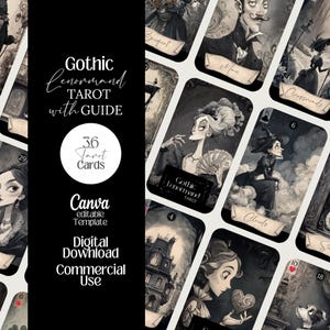 May include: A digital download of a Gothic Lenormand Tarot deck with 36 cards. The cards feature illustrations in shades of gray and black, with gothic-themed imagery. The image also includes text that says "Gothic Lenormand Tarot with Guide".