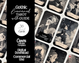 Gothic Lenormand Printable Oracle Cards Witchy Tarot Editable Dark academia digital Divination Card Png Fortune deck with guide
