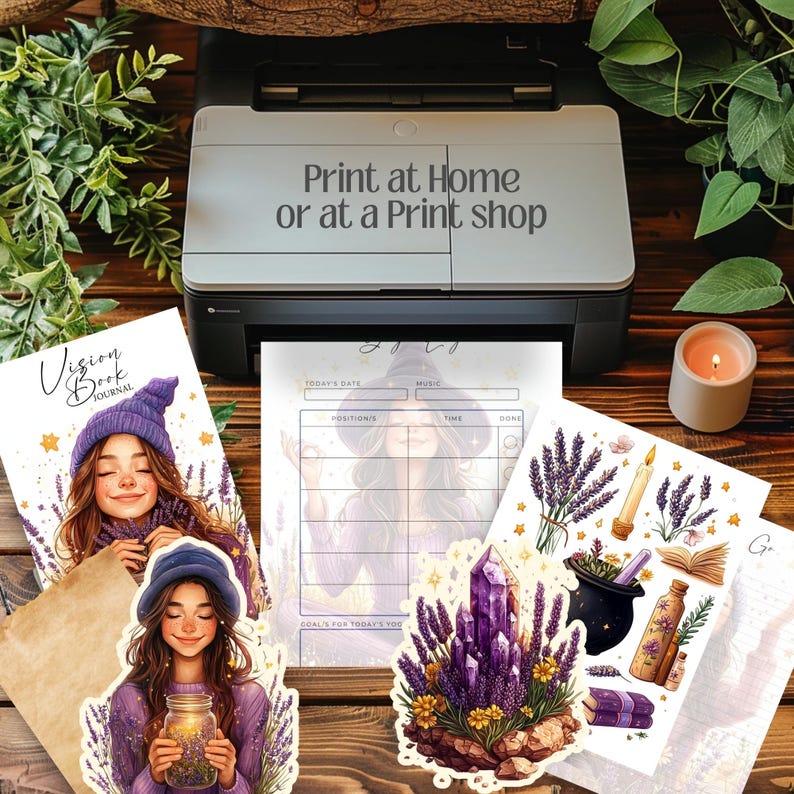 Vision Book Witchy Planner with 35 planner pages, 82 mystical illustrations, and 16 sticker sheets. Letter-sized printable set for vision boards, manifestation journals, and spiritual notebooks. Includes commercial use for physical products.