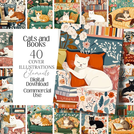 Cat Lover png Book Lover Vintage Reading image cat Book Cover Illustration Bookish Grimoire cat Sublimation Graphic kitty Scrapbook Ephemera