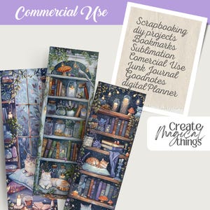 Cute Cats and Book Lovers Witchy Cozy Kitty Witch Bookworm Reading PNG images with a 1:3 ratio. Perfect for bookmarks, tags, labels, junk journals, scrapbooking, illustrations, clipart, sublimation, and stickers