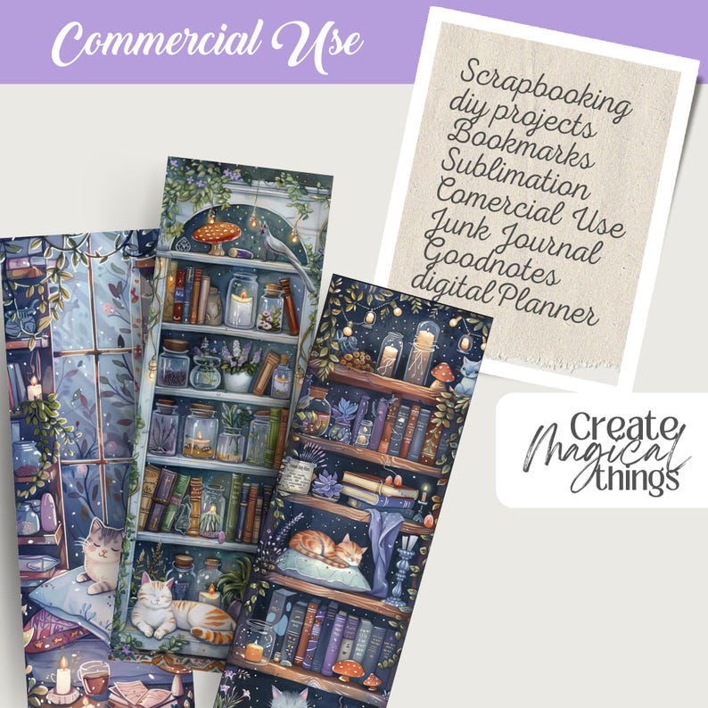 Cute Cats and Book Lovers Witchy Cozy Kitty Witch Bookworm Reading PNG images with a 1:3 ratio. Perfect for bookmarks, tags, labels, junk journals, scrapbooking, illustrations, clipart, sublimation, and stickers