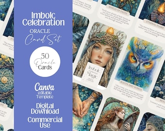 May include: An oracle card set titled "Imbolc Celebration" with 50 cards. The design features illustrations of nature, including an owl, a woman, and a harpist. The set is a Canva editable template for digital download and commercial use.