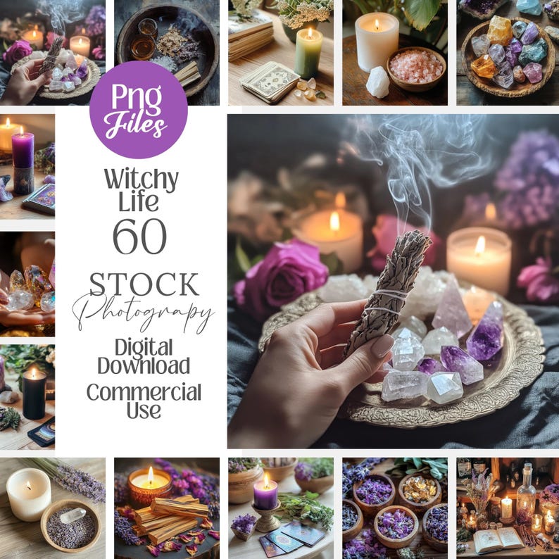 May include: A selection of images with candles, crystals, flowers, and spiritual items. The text "Witchy Life 60 Stock Photography Digital Download Commercial Use" is visible. The images have a mystical and bohemian theme.