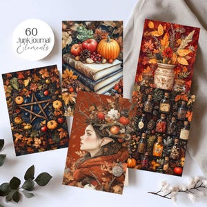 Mabon cozy harvest witchy clipart featuring over 100 PNG files, 5x7 inches each. Perfect for junk journals, grimoire pages, Book of Shadows, spell books, and fall crafts. Includes commercial use for creating spiritual and seasonal projects.