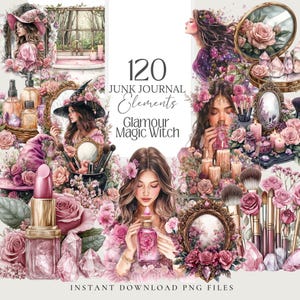 Clipart sorcière magique glamour beauté magique sorcière PNG planificateur autocollant grimoire sorcière grimoire glamour coupe difficile Journal des ombres sorcière