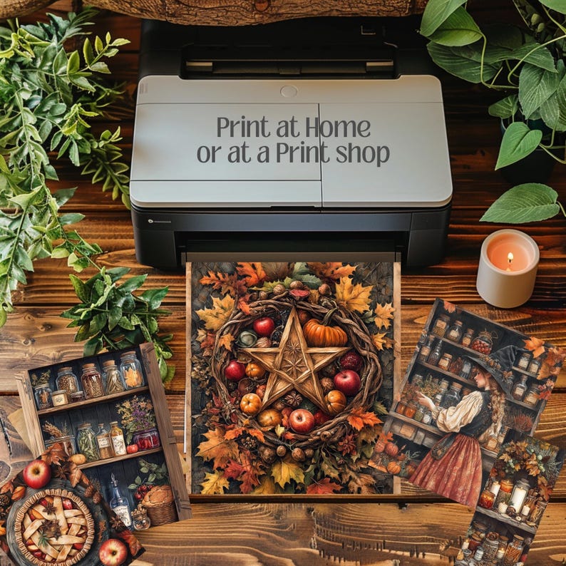 Mabon cozy harvest witchy clipart featuring over 100 PNG files, 5x7 inches each. Perfect for junk journals, grimoire pages, Book of Shadows, spell books, and fall crafts. Includes commercial use for creating spiritual and seasonal projects.
