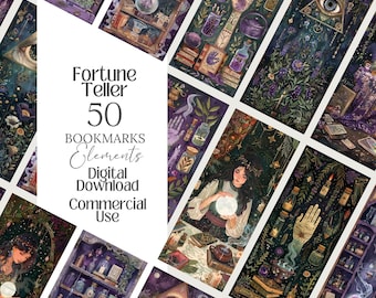 Fortune Teller PNG Bookmark Witchy divination tag Tarot reader labels Oracle Book Lover Bookworm gift card Clip art witch Esoteric Ephemera