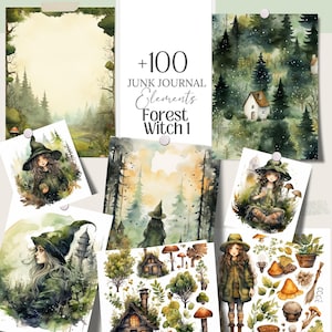 Forest Green Digital Grimoire Paper Witchy Wallpaper planner Set per Book of Shadows, Witch junk journal clipart streghe stazionario