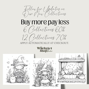 Cute Witchy Cottagecore Coloring Pages 75 PNG files sized 3000x3000px. Includes magical and whimsical designs for coloring, junk journaling, scrapbooking, and cozy crafts. files with commercial use license for digital and print projects.