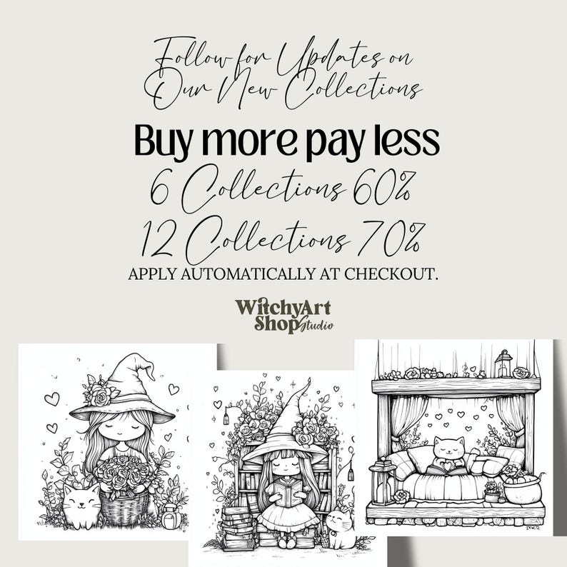 Cute Witchy Cottagecore Coloring Pages 75 PNG files sized 3000x3000px. Includes magical and whimsical designs for coloring, junk journaling, scrapbooking, and cozy crafts. files with commercial use license for digital and print projects.