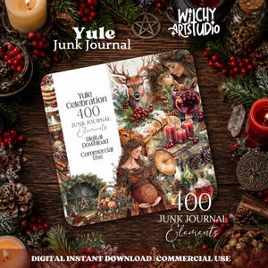 以下が含まれることがあります： 400個の要素を含むYule Junk Journalというタイトルのデジタルジャンクジャーナルキット。画像には、鹿、バスケットを持つ人物、赤いベリー、キャンドル、緑の植物が描かれています。テキストには、Yule Celebration、400 Junk Journal Elements、Digital Download、Commercial Useと記載されています。