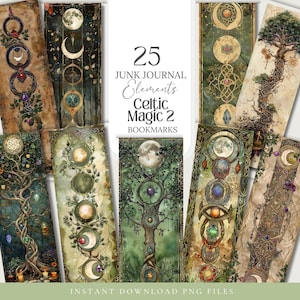 Marcadores de libros de magia celta, etiquetas de grimorio pagano de brujería, etiquetas Wicca, álbum de recortes, efímeras, bosque, imágenes prediseñadas, sublimación, PNG, libro de las sombras, bruja celta