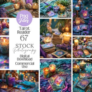 May include: A collage of images featuring tarot cards, candles, and floral arrangements. The images have a mystical theme, with a color palette of blues, purples, and golds. Text in the image reads "Tarot Reader 67 STOCK Photography Digital Download Commercial Use."