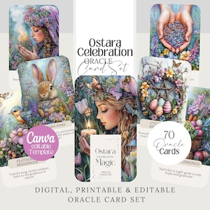 Cartas do Oráculo Ostara wicca imprimível Baralho de primavera editável Cartas de afirmação do Tarô Ostara png Conjunto de cartas de adivinhação pagãs roda do ano