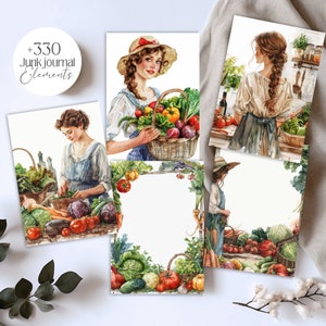 Veggie farm gardening PNG set with over 330 elements. Includes clipart, ephemera, and border pages ideal for junk journaling, scrapbooking, grimoire pages, and green witch rituals. Designed for spring, summer, and botanical craft projects.