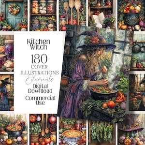Op de afbeelding: Digitale download met 180 coverillustraties en elementen met een keukenheksenthema. De illustraties bevatten afbeeldingen van een heks die kookt, potten met conserven en diverse groenten. De tekst op de afbeelding luidt "Kitchen Witch" en "Commercial Use".