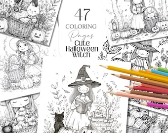 Linda página para colorear de bruja de Halloween Ilustración para colorear de estilo cottagecore para adultos Dibujo para colorear de brujas Tarjeta para colorear acogedora Arte para colorear de fantasía