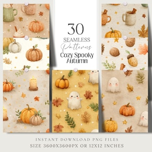 Puede incluir: Arte digital con 30 patrones sin costuras con temática de otoño acogedor y espeluznante. Los patrones incluyen calabazas, fantasmas, hojas y tazas. El texto de la imagen dice "Cozy Spooky Autumn" y "Descarga instantánea de archivos PNG, tamaño 30.48 x 30.48 cm".