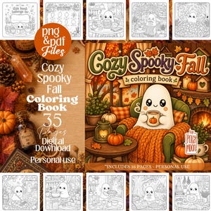 May include: A digital colouring book titled Cozy Spooky Fall featuring 35 pages of illustrations. The cover displays a ghost sitting in a green armchair, holding a mug with a pumpkin design, wrapped in an orange blanket, with pumpkins and autumn decor.