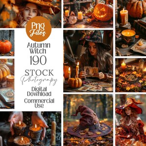 Peut inclure: Un collage d'images sur le thème de la sorcière d'automne. Les images comprennent des citrouilles, des bougies, des cartes de tarot et un chapeau de sorcière. Le texte de l'image indique "Autumn Witch 190 Stock Photography Digital Download Commercial Use."