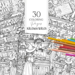 Pode incluir: Uma ilustração em preto e branco de uma bruxa de cozinha com um caldeirão, prateleiras cheias de jarros e garrafas, e abóboras. O texto "30 Coloring Pages Kitchen Witch" está no topo da imagem.