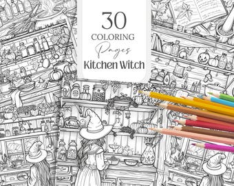 Kitchen Witch Coloring Pages Cottagecore Coloring Illustrations Witchy Coloring Drawings Cozy Life Coloring Cards Fantasy Coloring Art