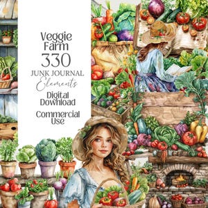 Pu&ograve; includere: Illustrazione ad acquerello di una donna con un cesto di verdure, circondata da vari prodotti. L'immagine include il testo: "Veggie Farm 330 Junk Journal Elements Digital Download Commercial Use."