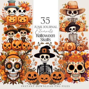 Dia de los Muertos Sugar Skull Clipart | Whimsical Watercolor Mexican Skulls, PNG for Scrapbook, Planner, Junk Journal, 35 Fussy Cuts