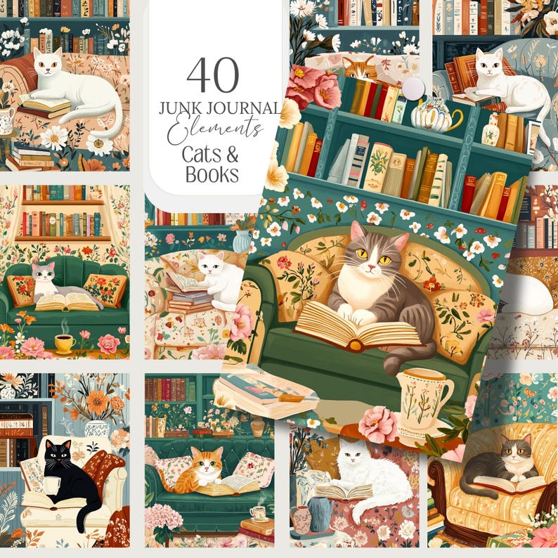 Cats and Books Cottagecore Clipart featuring 40 PNG files sized 5x7”. Includes cozy, romantic designs for junk journaling, scrapbooking, planners, and wall art. High-resolution files with commercial use license for digital and print projects.